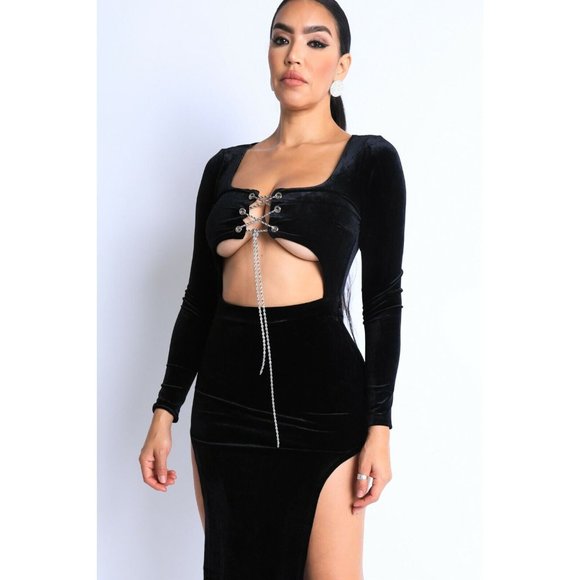 Women's Sexy Velvet Slits Tie Detailed Square Neck Party Clubwear Maxi Dress - Picture 5 of 8